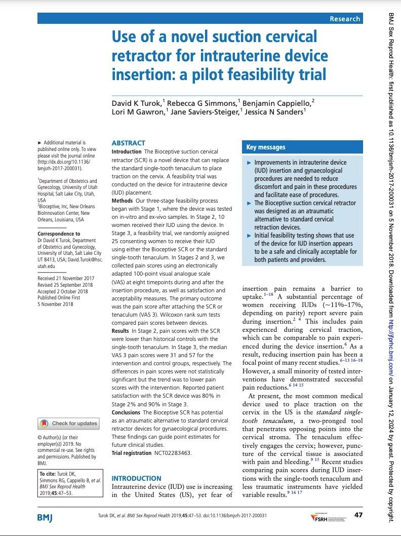 Use of a novel suction cervical retractor for intrauterine device insertion: a pilot feasibility trial