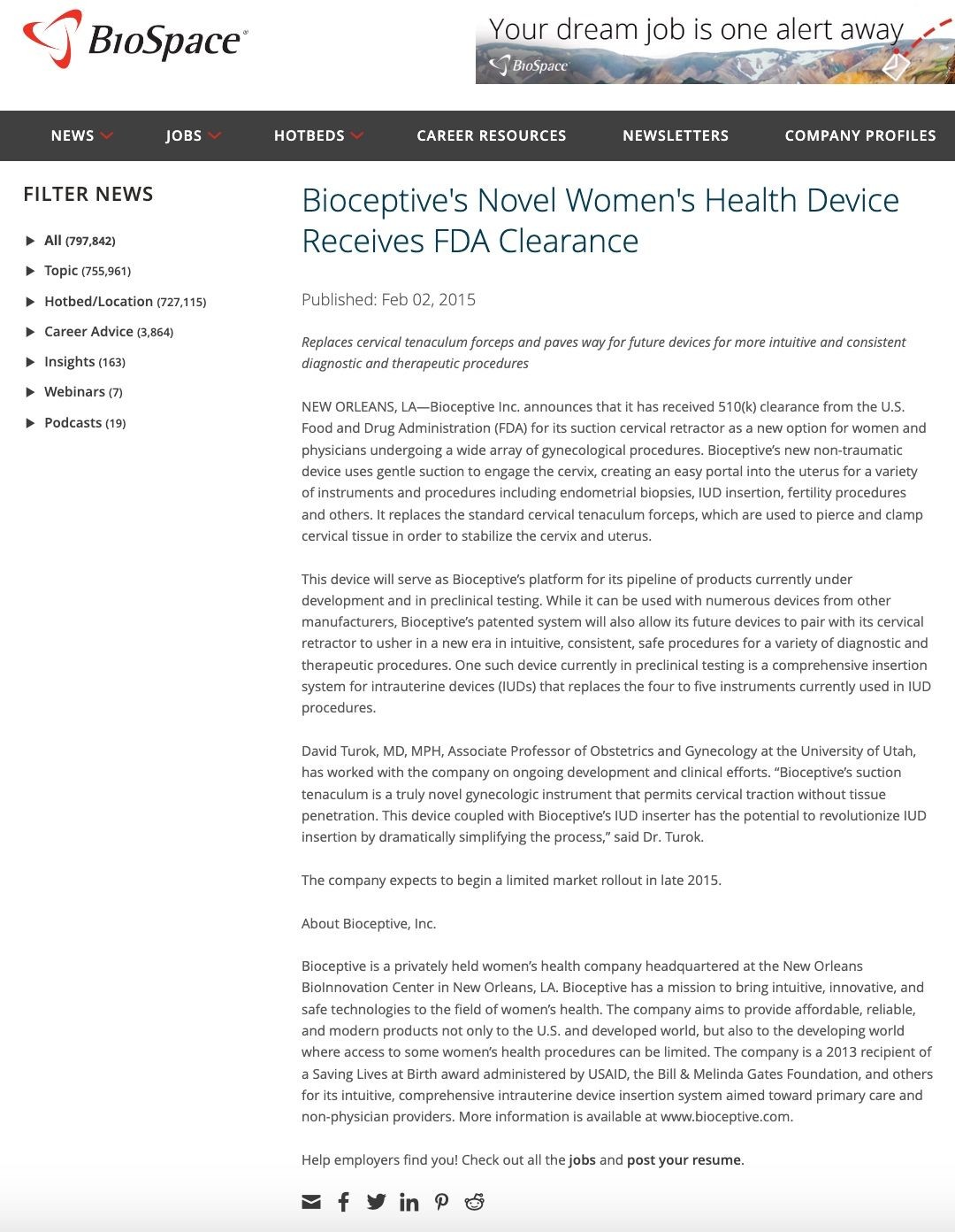 Bioceptive Receives FDA 510(k) Approval